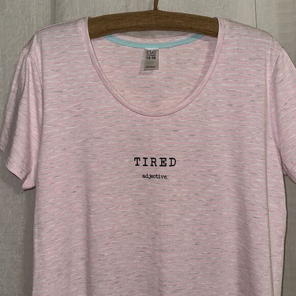 love to lounge 10-12 Crewneck Pink Heather Gray Striped “TIRED adjective” Tee - Picture 3 of 10